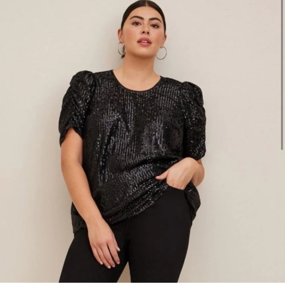 NWT New Torrid Black Sequin Ruched Sleeve Top Size 12 Large 0 - Picture 1 of 9